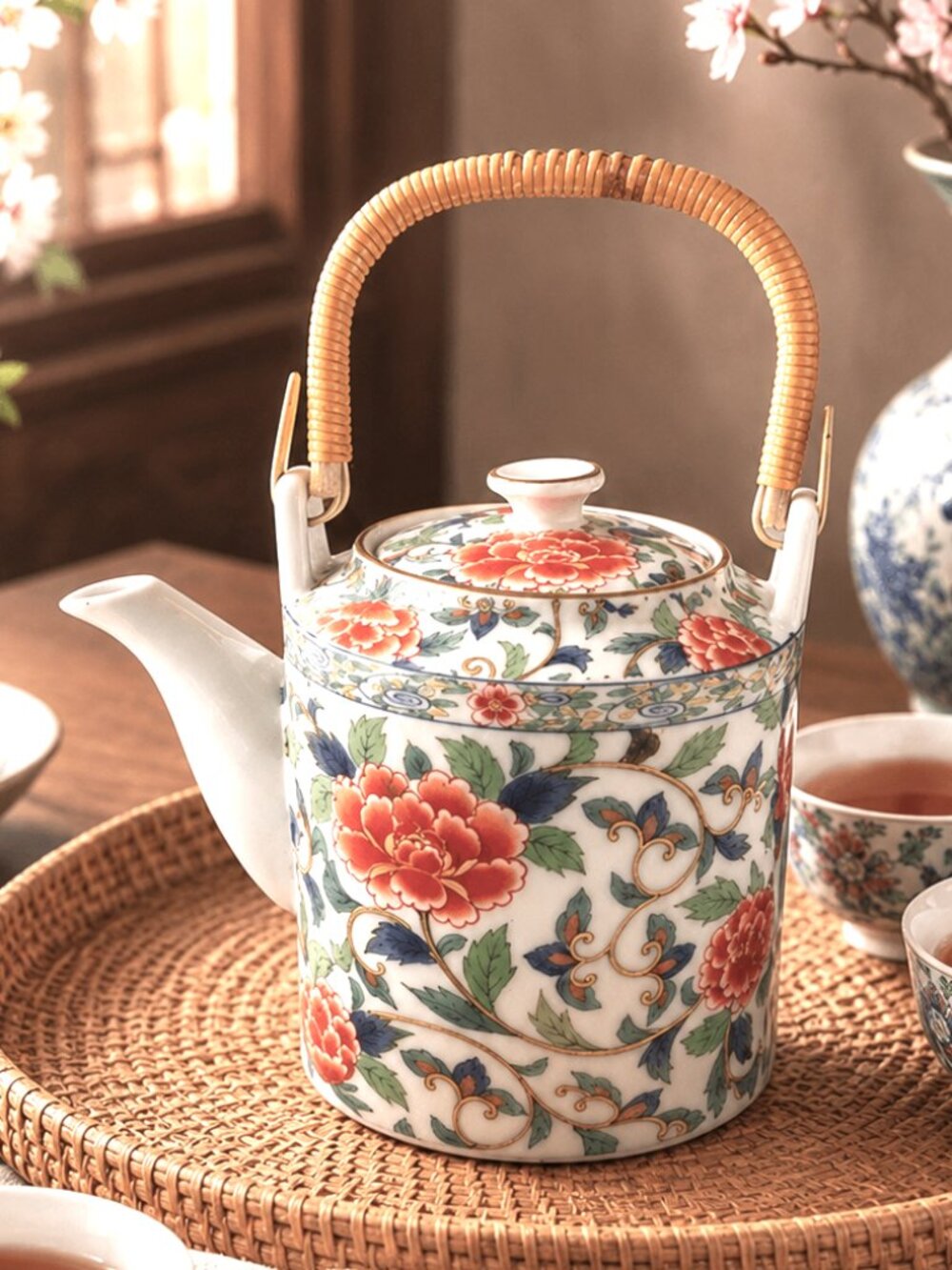 Vintage Takahashi Style Japanese Porcelain Teapot Bamboo Handle Peony Sakura